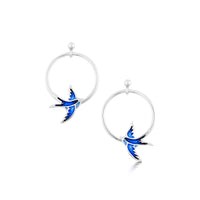 Swallows 1-hoop Drop Earrings in Sapphire Enamel by Sheila Fleet Jewellery