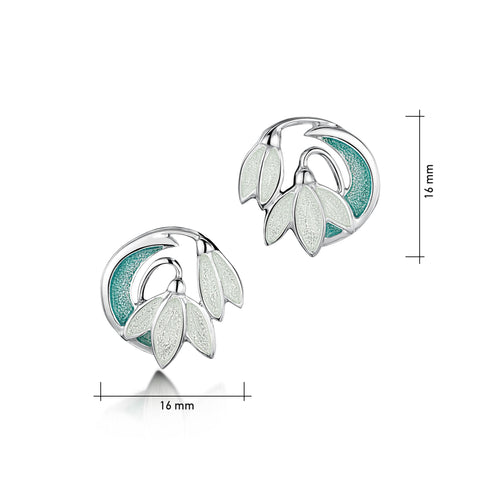 Snowdrop 2-flower Sterling Silver Stud Earrings in Leaf Enamel