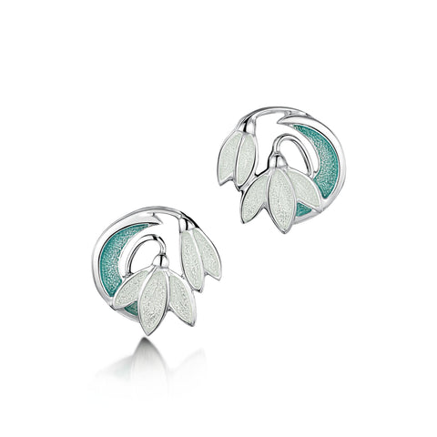 Snowdrop 2-flower Sterling Silver Stud Earrings in Leaf Enamel by Sheila Fleet Jewellery