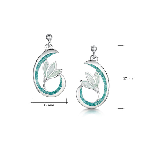 Flowering Snowdrop Silver Drop Earrings in Leaf Enamel