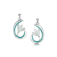 Flowering Snowdrop Silver Drop Earrings in Leaf Enamel by Sheila Fleet Jewellery