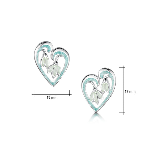 Snowdrop Sterling Silver Heart Stud Earrings in Leaf Enamel