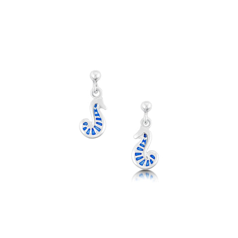 Pictish Seahorse Drop Earrings in Sapphire Enamel by Sheila Fleet Jewellery