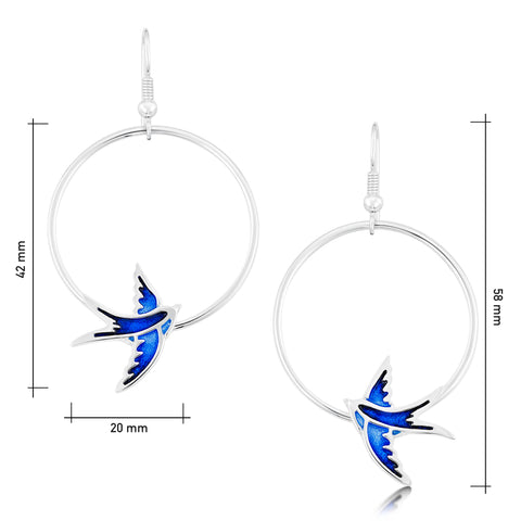 Swallows 1-hoop Dress Drop Earrings in Sapphire Blue Enamel