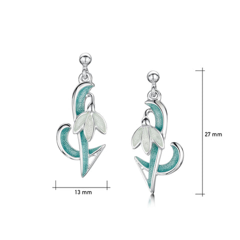 Snowdrop Sterling Silver Drop Earrings in Leaf Enamel