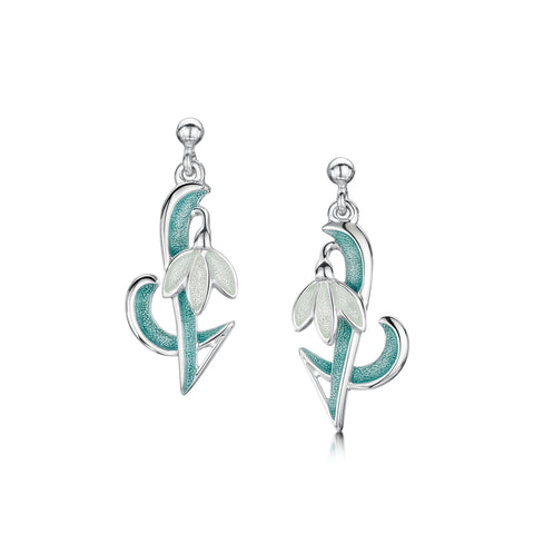 Snowdrop Sterling Silver Drop Earrings in Leaf Enamel by Sheila Fleet Jewellery