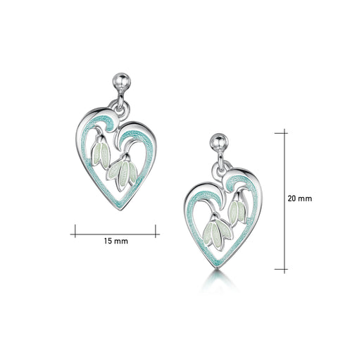 Snowdrop Sterling Silver Heart Drop Earrings in Leaf Enamel