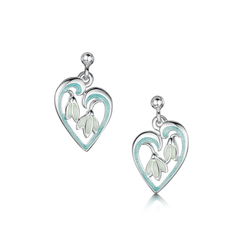 Snowdrop Sterling Silver Heart Drop Earrings in Leaf Enamel by Sheila Fleet Jewellery