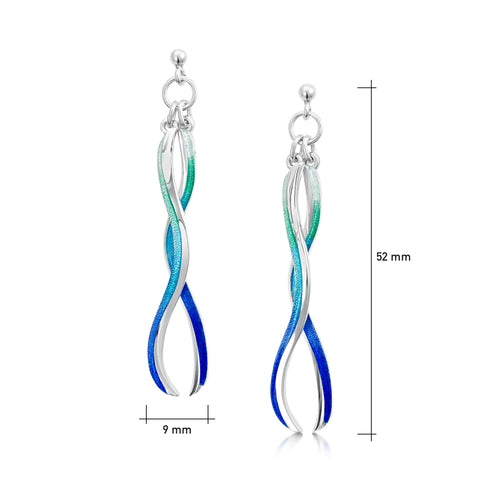 Atlantic Swell 2-frond Long Earrings in Ocean Hue Enamel