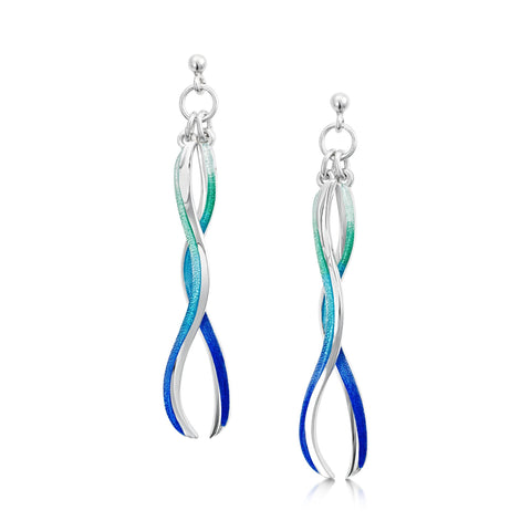 Atlantic Swell 2-frond Long Earrings in Ocean Hue Enamel by Sheila Fleet Jewellery