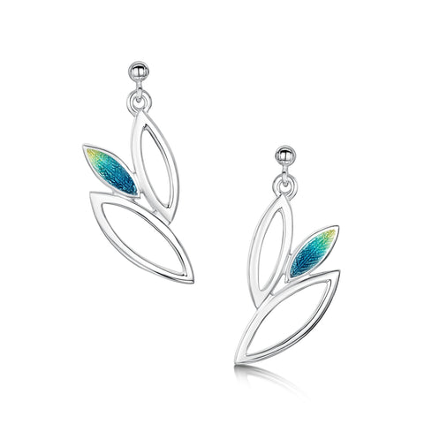 Seasons Silver 3-leaf Drop Earrings in Summer Enamel by Sheila Fleet Jewellery