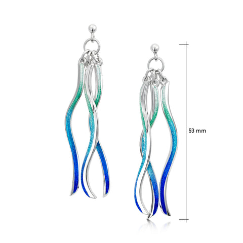 Atlantic Swell 3-frond Long Earrings in Ocean Hue Enamel