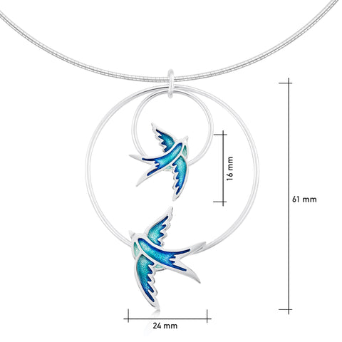 Swallows 2-bird Necklace in Summer Blue Enamel
