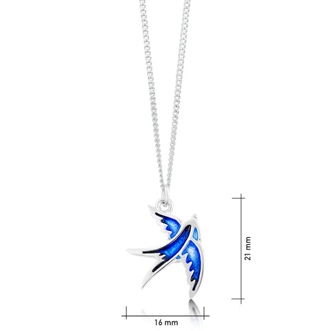 Small Swallows Pendant Necklace in Sapphire Blue Enamel