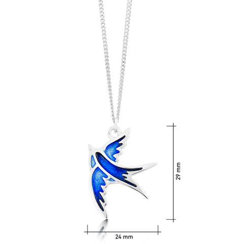 Swallows Pendant Necklace in Sapphire Blue Enamel
