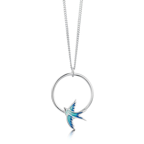 Swallows 1-hoop Silver Pendant in Summer Blue Enamel by Sheila Fleet Jewellery
