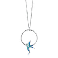 Swallows 1-hoop Silver Pendant in Summer Blue Enamel by Sheila Fleet Jewellery