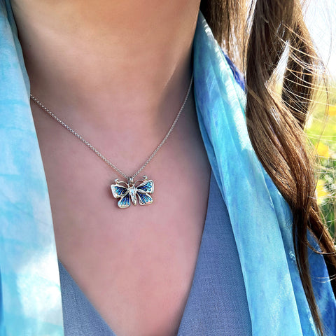 Common Blue Butterfly Small Enamel Pendant by Sheila Fleet Jewellery