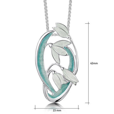 This Snowdrop pendant features four delicate snowdrops framed by curving leaves and stems. The sterling silver piece is hand-enamelled in 'Leaf' enamel.