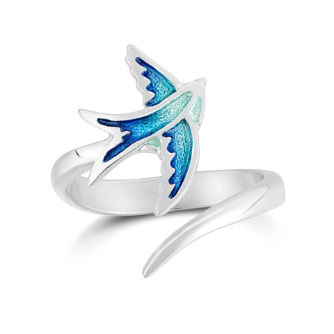 Swallows Sterling Silver Ring in Summer Blue Enamel by Sheila Fleet Jewellery