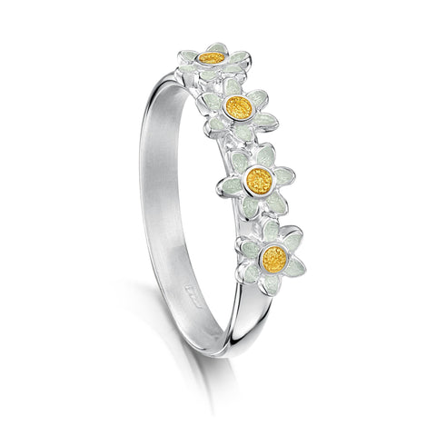 Daisies at Dawn 4-flower Enamel Ring in Sterling Silver by Sheila Fleet Jewellery