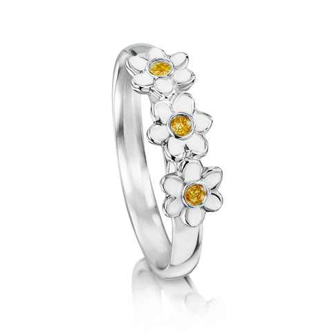 Daisies at Dawn 3-flower Enamel Ring in Sterling Silver