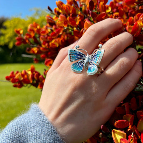Common Blue Butterfly Enamel Cocktail Ring by Sheila Fleet Jewellery