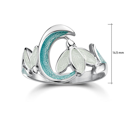 Snowdrop 2-flower Sterling Silver Ring in Leaf Enamel by Sheila Fleet Jewellery