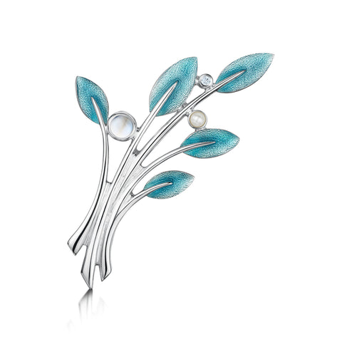 Rowan Brooch in Sage Enamel with Moonstone, Pearl & Cubic Zirconia