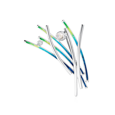 Wild Grasses Moonstone & CZ Brooch in Meadow Enamel by Sheila Fleet Jewellery