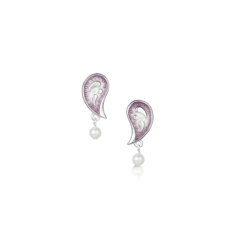 Paisley Leaf Pearl Stud Earrings in Champaign Enamel by Sheila Fleet Jewellery