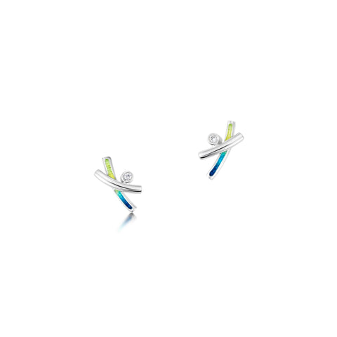 Wild Grasses Small 2-strand CZ Stud Earrings in Meadow Enamel by Sheila Fleet Jewellery