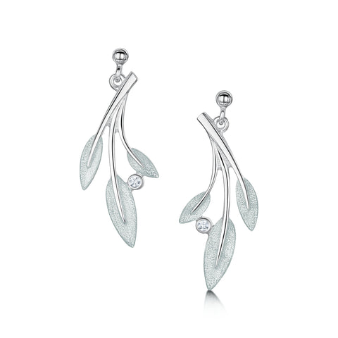 Rowan Three-Leaf Drop Earrings in Frost Enamel with Cubic Zirconia