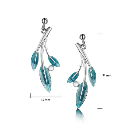 Rowan Three-Leaf Drop Earrings in Sage Enamel with Moonstone by Sheila Fleet Jewellery