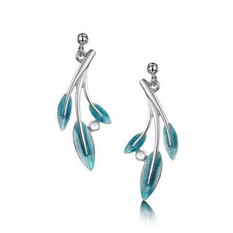 Rowan Three-Leaf Drop Earrings in Sage Enamel with Moonstone by Sheila Fleet Jewellery