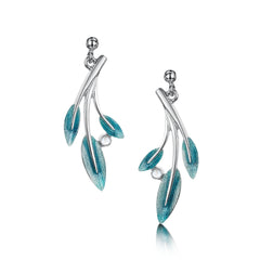 Rowan Three-Leaf Drop Earrings in Sage Enamel with Moonstone by Sheila Fleet Jewellery
