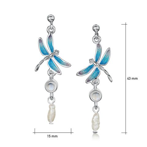 Dragonfly Enamelled Drop Earrings with Moonstone & Pearl
