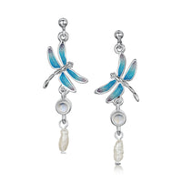 Dragonfly Enamelled Drop Earrings with Moonstone & Pearl