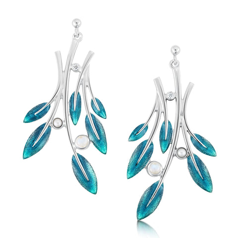 Rowan Six-Leaf Drop Earrings in Sage Enamel with Moonstone, Pearl & CZ