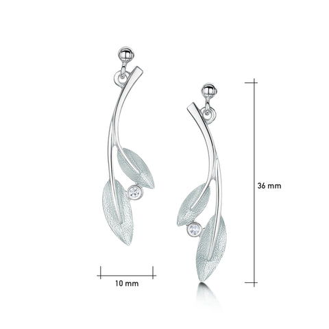 Rowan Two-Leaf Drop Earrings in Frost Enamel with Cubic Zirconia by Sheila Fleet Jewellery
