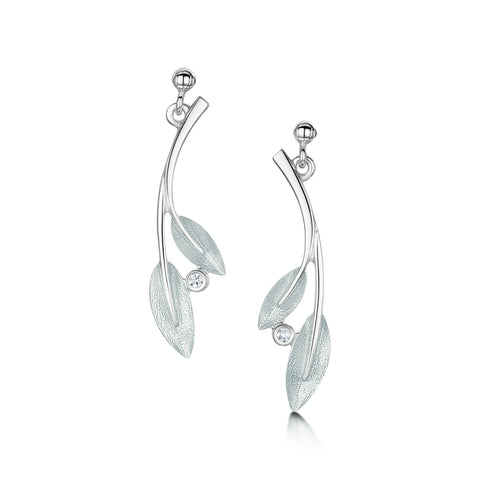 Rowan Two-Leaf Drop Earrings in Frost Enamel with Cubic Zirconia by Sheila Fleet Jewellery