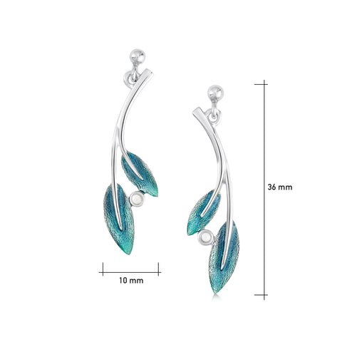 Rowan Two-Leaf Drop Earrings in Sage Enamel with Moonstone
