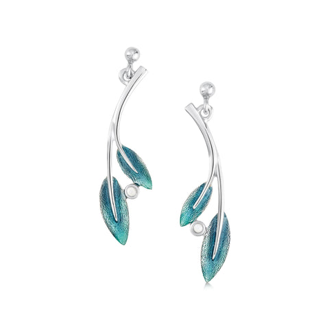 Rowan Two-Leaf Drop Earrings in Sage Enamel with Moonstone