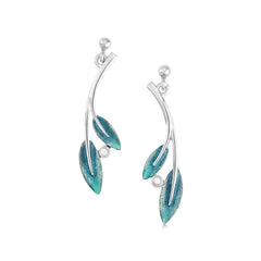 Rowan Two-Leaf Drop Earrings in Sage Enamel with Moonstone