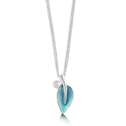 Rowan Single-Leaf Pendant Necklace in Sage Enamel with Moonstone