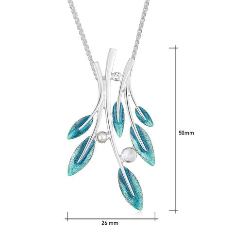 Rowan Six-Leaf Pendant Necklace in Sage Enamel with Moonstone, Pearl & CZ