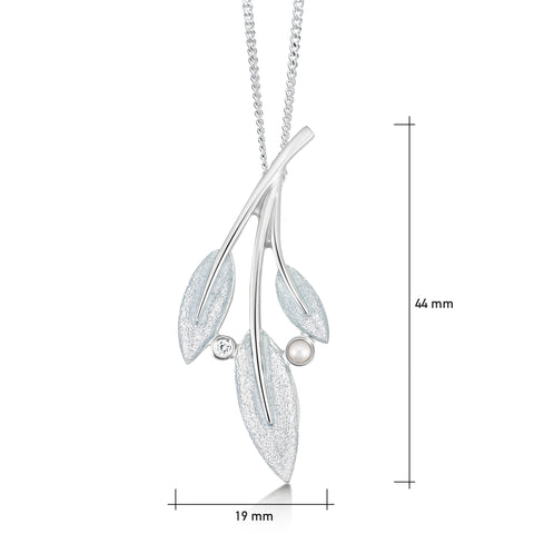 Rowan Three-Leaf Pendant Necklace in Frost Enamel with Cubic Zirconia & Pearl by Sheila Fleet Jewellery