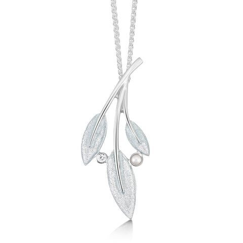 Rowan Three-Leaf Pendant Necklace in Frost Enamel with Cubic Zirconia & Pearl by Sheila Fleet Jewellery