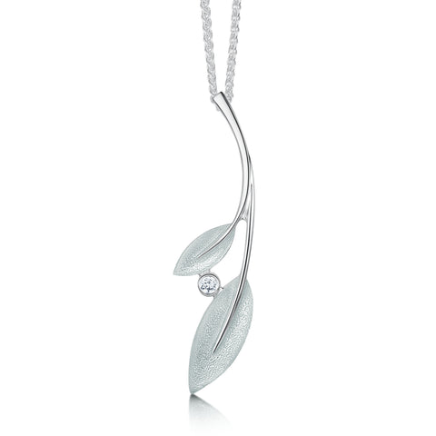 Rowan Two-Leaf Pendant Necklace in Frost Enamel with Cubic Zirconia by Sheila Fleet Jewellery