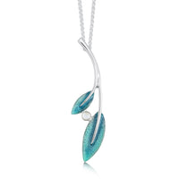 Rowan Two-Leaf Pendant Necklace in Sage Enamel with Moonstone by Sheila Fleet Jewellery